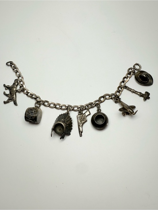 Southwestern Accessories - Sterling Silver Western Charm Bracelet with Hat, Plane & Gun Charms 7”